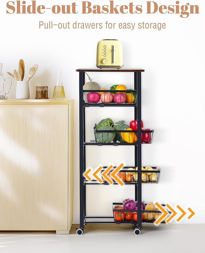 Mythinglogic 5-Tier Rolling Fruit Vegetable Storage Cart with Pull-Out Baskets, Metal Kitchen Organizer, Heavy Duty Utility Rack with Wheels for Pantry, Living Room, Kitchen