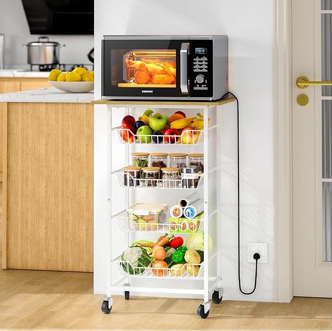 Kitchen Microwave Cart with Fruit Baskets, 5 Tier Microwave Table Stand with Fruit Vegetable Storage Small Rolling Cart on Wheels, Floor Organizers and Storage for Pantry Kitchen, Living Room