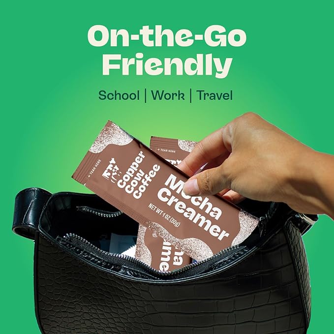 Copper Cow Coffee Sweetened Mocha Milk Creamer Singles (8 pack) | Vietnamese Inspired Coffee Creamer, All Natural Creamer Packets for Pour Overs & Lattes | No Refrigeration Needed, Travel Friendly