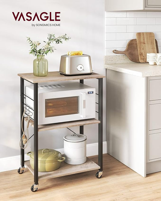 VASAGLE Kitchen Shelf on Wheels, 23.6 Inches Serving Cart with 3 Shelves, Kitchen Cart, Microwave Shelf, for Mini Oven, Toaster, with 6 Hooks, Industrial Style, Heather Greige and Ink Black UKKS060B02
