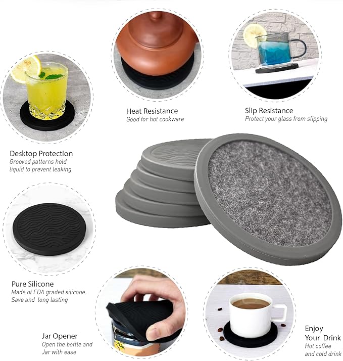 Set of 6 Non-Slip Silicone Coasters with Holder, Double-Sided Absorbent for Hot/Cold Drinks, Scratch & Water Ring Protection for Wood Tables, Home Office Bar, Black Gold Marble (Grey)