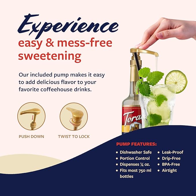 Torani Mojito Mint Syrup for Drinks, Flavoring for Lemonade, Sodas, and Mocktails, Glass Bottle with Pump Included, 25.4 Fl Oz
