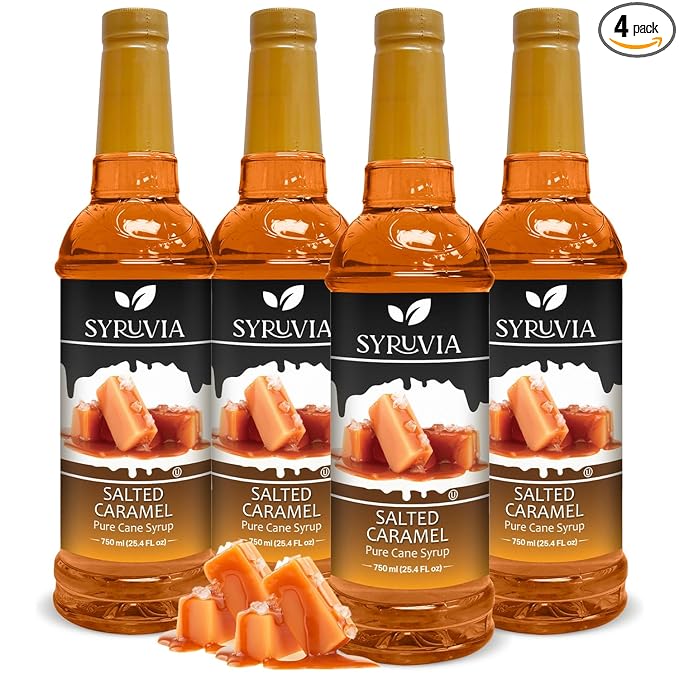 Syruvia 4 Pack Salted Caramel Syrup for Coffee – Sweet & Salty Salted Caramel Coffee Syrup, 25.4 fl oz, Kosher, Gluten Free, Perfect for Coffee Syrup Salted Caramel, Drinks, Desserts,