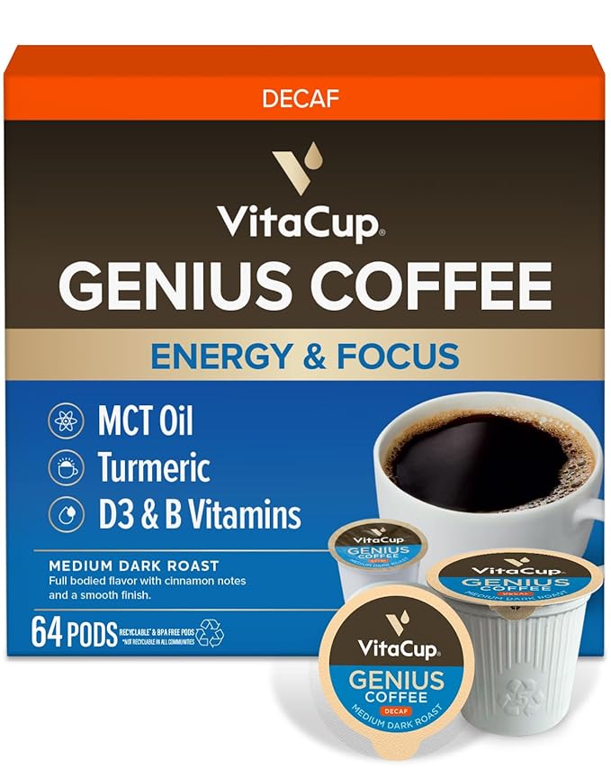 VitaCup Decaf Genius Keto Coffee Pods with MCT Oil, Turmeric, and Vitamins B1, B5, B6, B9, B12, D3 for Focus in Recyclable Single Serve Pod Compatible with K-Cup Brewers Including Keurig 2.0, 64 CT