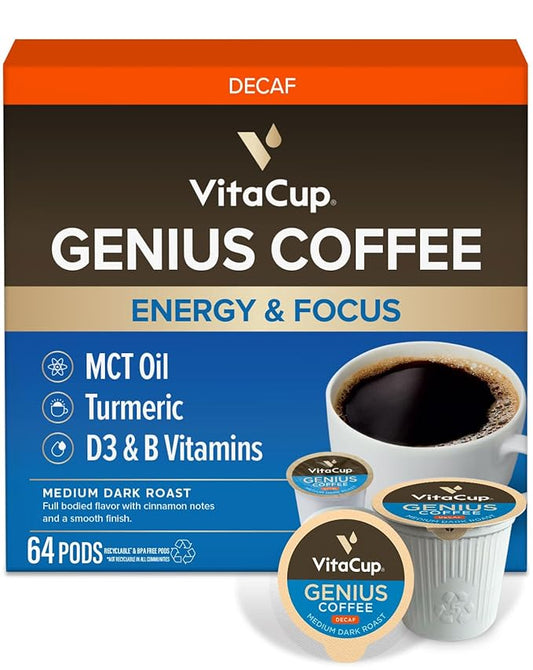 VitaCup Decaf Genius Keto Coffee Pods with MCT Oil, Turmeric, and Vitamins B1, B5, B6, B9, B12, D3 for Focus in Recyclable Single Serve Pod Compatible with K-Cup Brewers Including Keurig 2.0, 64 CT