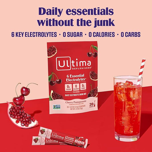 Ultima Replenisher Daily Electrolyte Powder – Cherry Pomegranate, 20 Stickpacks – Zero Sugar Hydration Packets with 6 Electrolytes and Minerals – Sugar Free, Plant Based & Keto Friendly Drink Mix