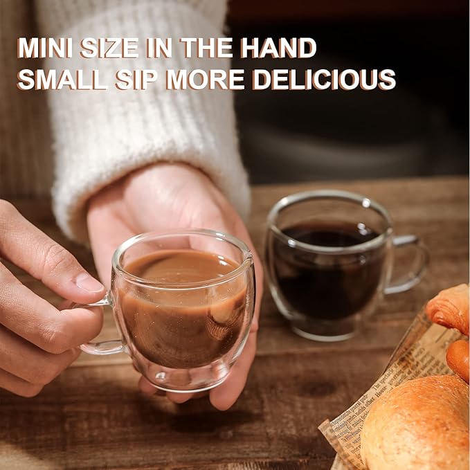 KitchenTour Insulated Coffee Mug 2.5 oz- Double Wall Glass Coffee Cup with Handle Set of 4 - Clear Glass Drinkware for Espresso，Cappuccino, Latte，Hot Beverages