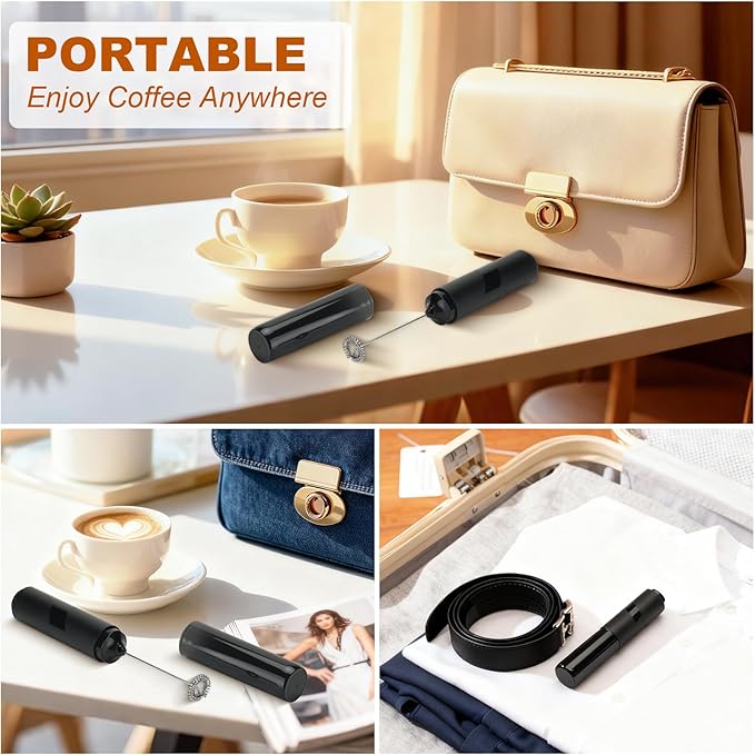 Handheld Milk Frother, Battery Operated Electric Foam Maker, Milk Frother Wand Drink Mixer with Stainless Steel Whisk for Coffee, Matcha, Lattes, Cappuccino (Black with cover)