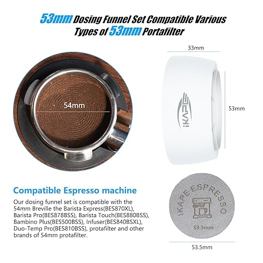IKAPE Magnetic Dosing Funnel Set, 53MM Espresso Dosing Ring & Puck Screen Kit Compatible with Delonghi 54MM Bottomless Portafilter - with 8 Small Magnet (White)