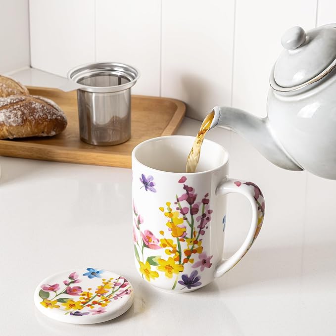 GBHOME Tea Mug with Infuser and Lid, 18 Ounce Large Ceramic Loose Leaf Cup, Microwave, Dishwasher Safe, Perfect For Tea Lovers