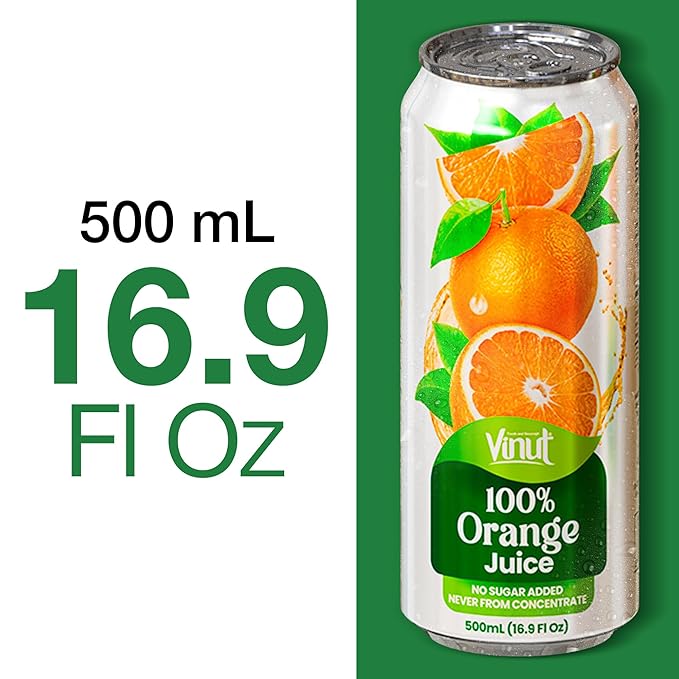 VINUT 100% Orange Juice, No Added Sugar, Never From Concentrate, 16.9 fl oz (500 mL) Can, Pack of 12