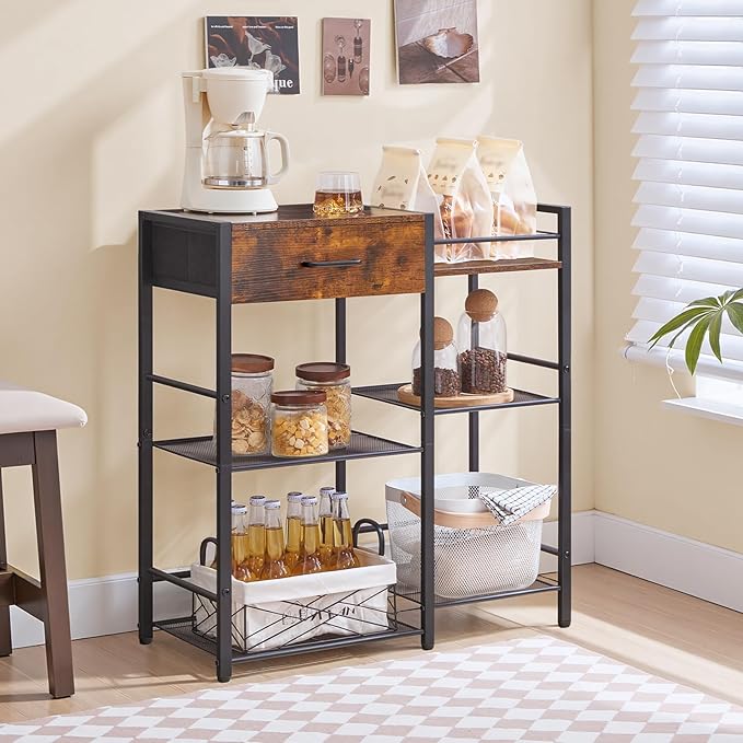 HOOBRO Coffee Bar Cabinet, Farmhouse Coffee Stand Station, 6 Tiers Kitchen Station Table with Drawer, Kitchen Bar Table for Small Space, Buffet Sideboard Cabinet with Storage, Rustic Brown BF77KF01