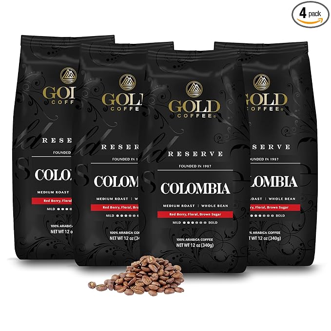 Gold Coffee | Premium Colombia Huila, Medium Roast, Whole Bean | 100% Colombian Coffee, 12oz. (Pack of 4)