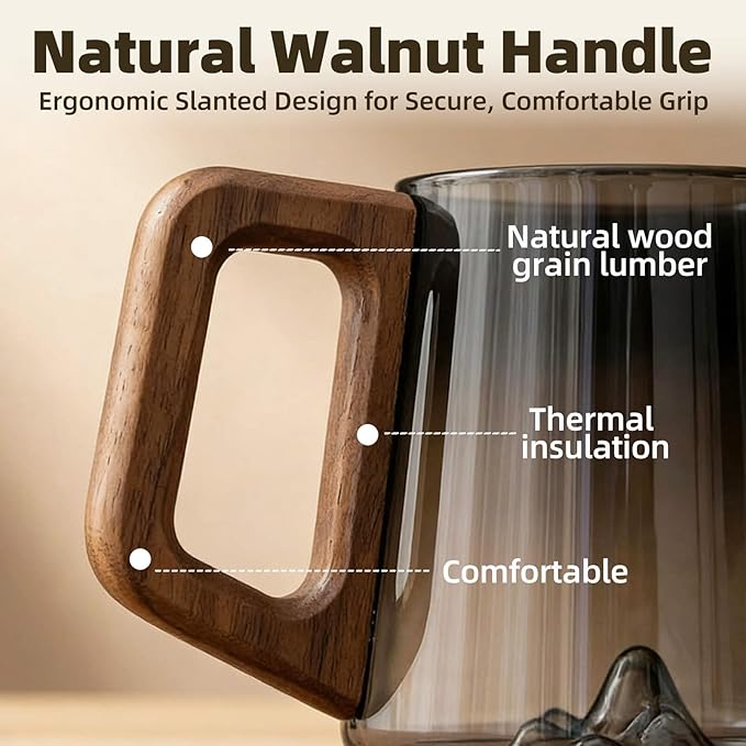 Gray Glass Slanted Coffee Cups with Wooden Handle, 15.2oz Large Glass Mugs with Handle, 3D Mountain Bottom Clear Coffee Mugs for Café & Tea Lovers, Vintage Style Wood Handle Mug for Home, Gift