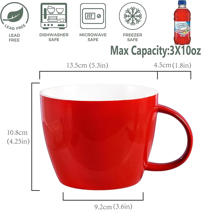 XXL Extra Large Coffee Mug 30 Ounce, Porcelain Coffee Cup Soup Bowl with Handle for Coffee Tea Cocoa Milk Soup and Fruit, Gift Mugs Matching to Kitchen, Table, Dinner Sets and Office Home Decor, Red