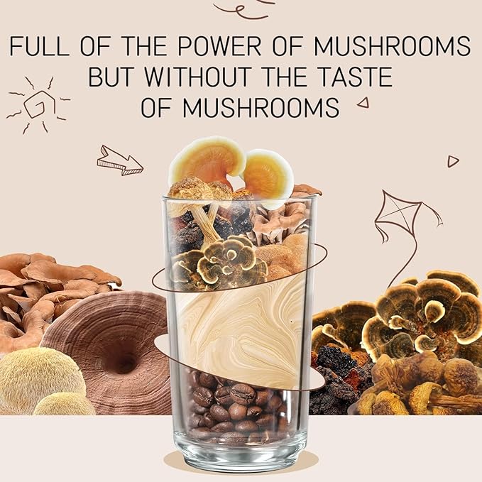 7 in 1 Mushroom Coffee Mix, Instant Latte Coffee Blend Nootropic Cafe Complex with Reishi, Lion’s Mane, Chaga, Turkey Tail, Maitake, Cordyceps for Energy Focus Immune Boost (12 Servings)