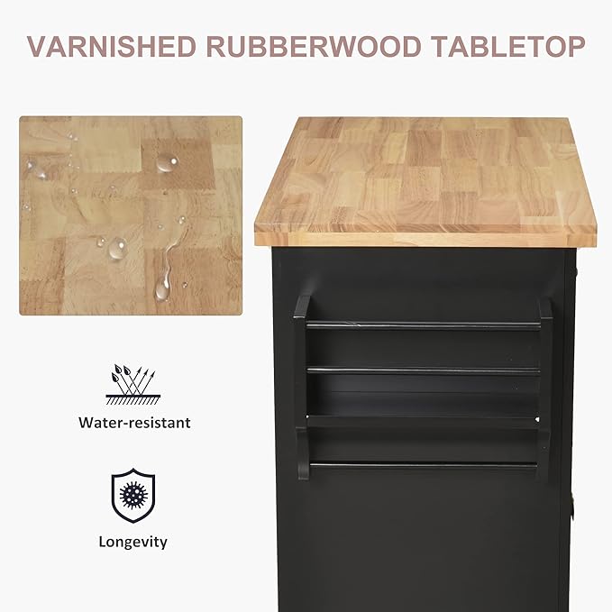 HOMCOM Kitchen Island Cart with Rubber Wood Top, Rolling Kitchen Island Table on Wheels with Drawers, Adjustable Shelves, Spice Rack and Towel Rack for Dining Room, Black