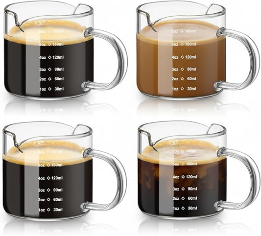 Patelai 4 Pcs 6oz/180ml Espresso Cups, Glass Measuring Cups with Double Spouts & Handle, Scale Espresso Shot Glass Milk Frothed Cup Coffee Accessories for Machines, Milk Frothed, and Bars