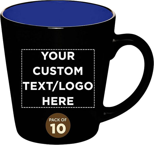 Custom Ceramic Coffee Latte Mugs 12 oz. Set of 10, Personalized Bulk Pack - Perfect for Coffee, Tea, Espresso, Hot Cocoa, Other Beverages - Royal Blue