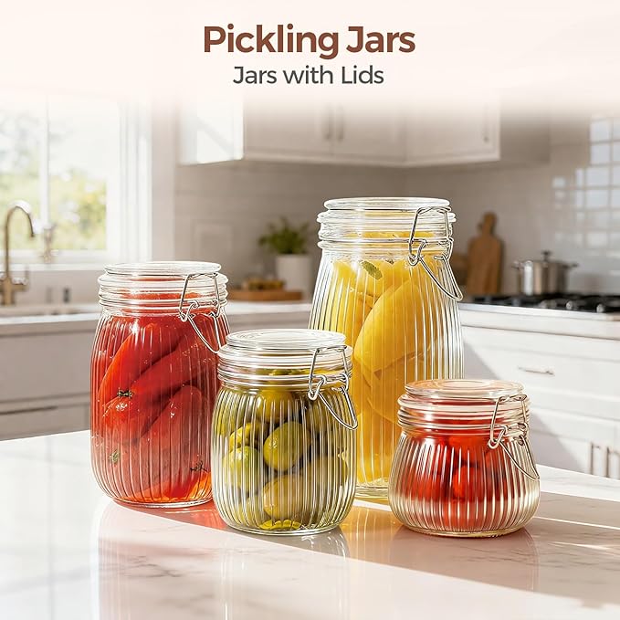 ComSaf Airtight Glass jar with lid 25oz Set of 6, Glass Storage Containers with Lids, Glass Canister, Mason Jars, Striped Clip Fastening Jar for Kitchen Canning, Oat, Coffee, Pasta, Snack, Nut, Candy