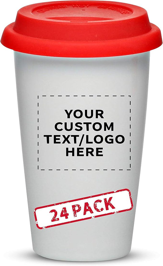 Personalized 11 oz. Double Wall Ceramic Tumblers with Lid - 24 Pack - Custom Text, Logo - Red