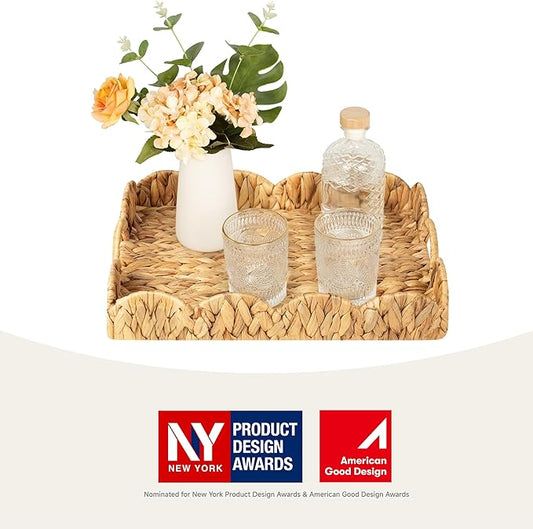StorageWorks Rectangle Wicker Scalloped Tray, Rattan Serving Trays with Handles, Water Hyacinth Basket for Decorative & Organizing, 15.75" L x 11.5" W x 2.75" H