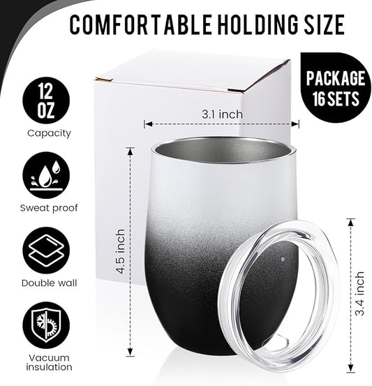 16 Pack Stainless Steel Wine Tumblers 12 oz Insulated Vacuum Wine Cup Set Double Wall Stainless Steel Stemless Mug Glasses for Coffee Soda Whiskey Outdoor Travel (Black and White)