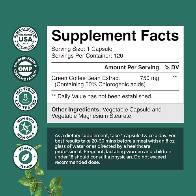 Bundle of Green Coffee Bean Extract - for Weight Loss Appetite Suppressant with Chlorogenic Acid - Herbal Fat Burner - 750 mg Energy Booster Potent Formula for Women & Men - 120 Count & 60 Count