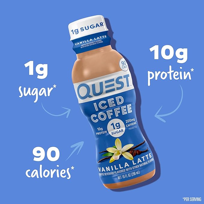 Quest Nutrition Iced Coffee,Vanilla Latte,1g Sugar,10g Protein,90 calories,200mg of caffeine,(Pack of 24)