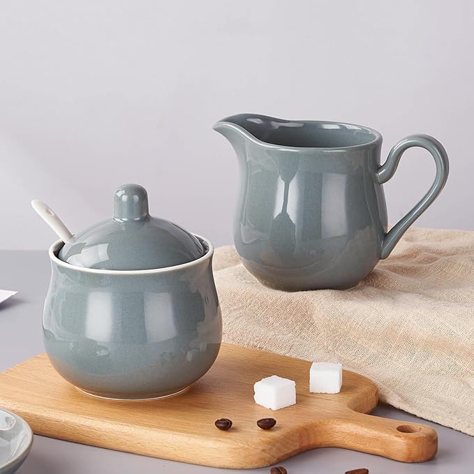 12 OZ Ceramic Sugar and Creamer Set, Coffee Serving Set, 3 Piece Cream Pitcher Sugar Bowl with Lid and Spoon (Gray)