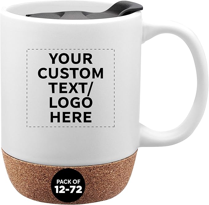 Custom Barista Ceramic Mugs with Cork Bottom 13 oz Set of 12/36/72 Personalized Bulk Pack Perfect for Coffee Tea Espresso Hot Cocoa Other Beverages - White
