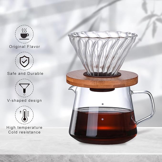 Gute Glass Coffee Dripper/Filter - Cone Glass Pour Over Coffee Dripper with Bamboo Stand, 1-4 Cups Drip Coffee Maker Funnel Accessories for Home, Office