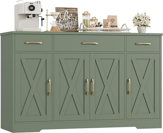 HOSTACK Buffet Sideboard Cabinet with Drawers, 55" Large Buffet Storage Cabinet with Shelves and Doors, Modern Farmhouse Coffee Bar Station for Kitchen, Dining Room, Green