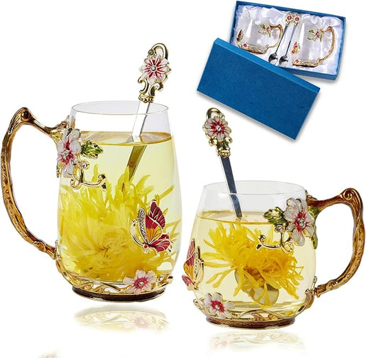 Tea Cup Glass Coffee Mugs,Fancy Tea Cup Set Birthday Christmas Valentine's Day Gift Idea for Tea Lover and Women Novelty Coffee Mugs Rose Flower Enamel Tea Cup Glass Mug with Spoon