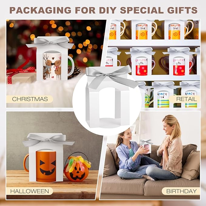 Kosiz 36 Pcs Mug Boxes Sublimation Coffee Mugs Gift Bags with Window Packaging Storage Box for Shipping Selling Wedding Valentines Gift Packaging Wrapping (for 12oz Mug,White,Silver)