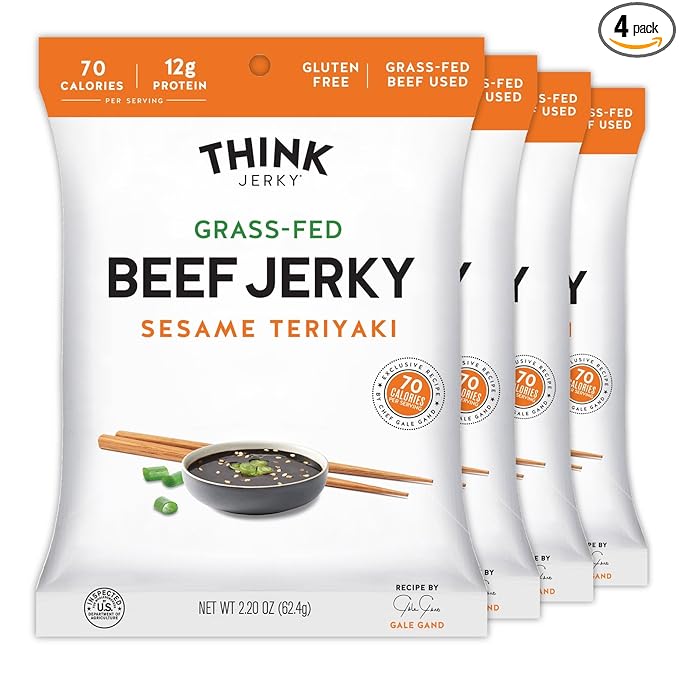 Think Jerky Sesame Teriyaki Beef Jerky, Grass-Fed High Protein Beef Jerky, Gluten Free, No Antibiotics or Nitrates, Healthy Chef Crafted Recipe, Low Calorie and Low Fat - 2.2 oz Bags, 4 Pack