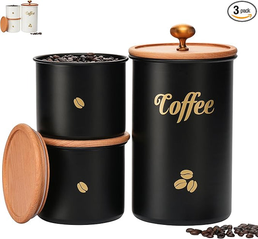 Coffee Canister, 3 pack Large Airtight Coffee Bean Storage Container, Café Grounds Container, Cafe Jar Cafe Holder, Food Storage Container for Flour, Sugar, Tea (Black)