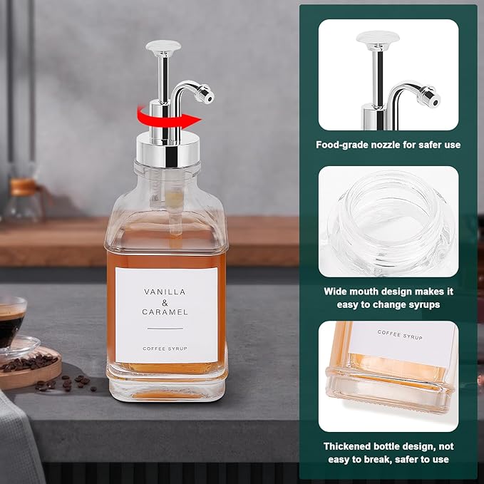 Coffee Syrup Dispenser for Coffee Bar, Clear Glass Syrup Bottles with Pump, Refillable Maple Syrup Storage, Coffee Station Accessories and Organizer, 500ml, Set of 2 (Chrome Finish)