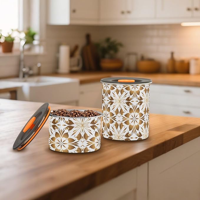 ALAZA Gold Geometric Flower Floral Airtight Coffee Bean Canister 900ml Food Storage Containers with Lids For Gournd, Tea, Sugar, Flour, Rice, Cereal, Candy Cookie Jar