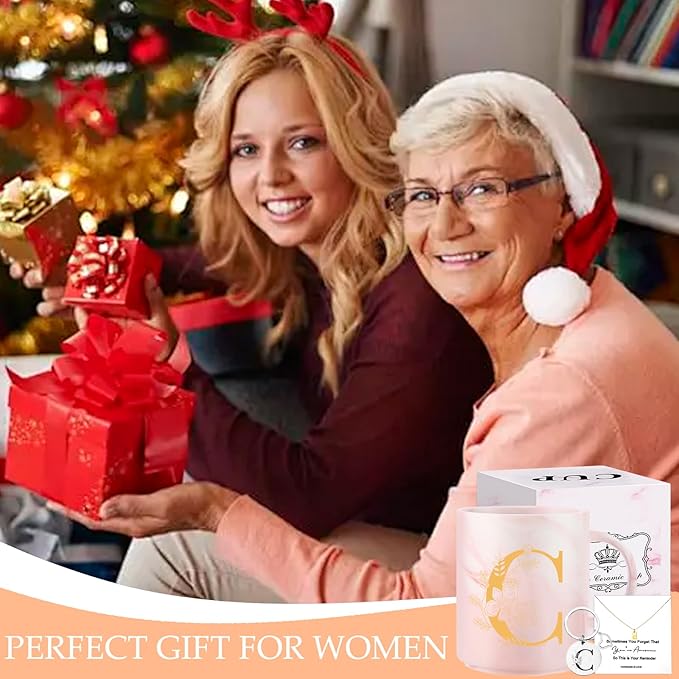 Monogrammed Christmas Gifts for Women, 11 oz Initial Ceramic Coffee Tea Mug with Necklace, Unique Birthday Gift for Her Wife Teacher Friend Mom, C