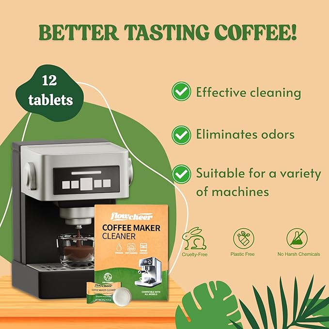 flowcheer Coffee Maker Cleaner & Descaler Tablets 12-Pack - Coffee Machine Tablets for Keurig,Nespresso,Jura, Breville, Ninja, Deep Cleaning Coffee Pot Cleaner and Descaler for All Espresso Machines