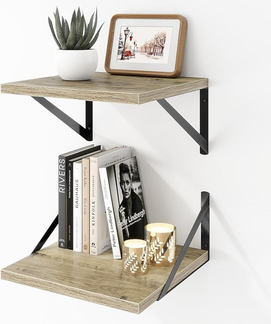 Deep Floating Shelves Wall Mounted, 12"x12" Gray Wall Shelves with Brackets Set of 2 for Bedroom, Living Room, Bathroom, Kitchen, Office - Storage & Display Shelf for Decor, Books, Plants