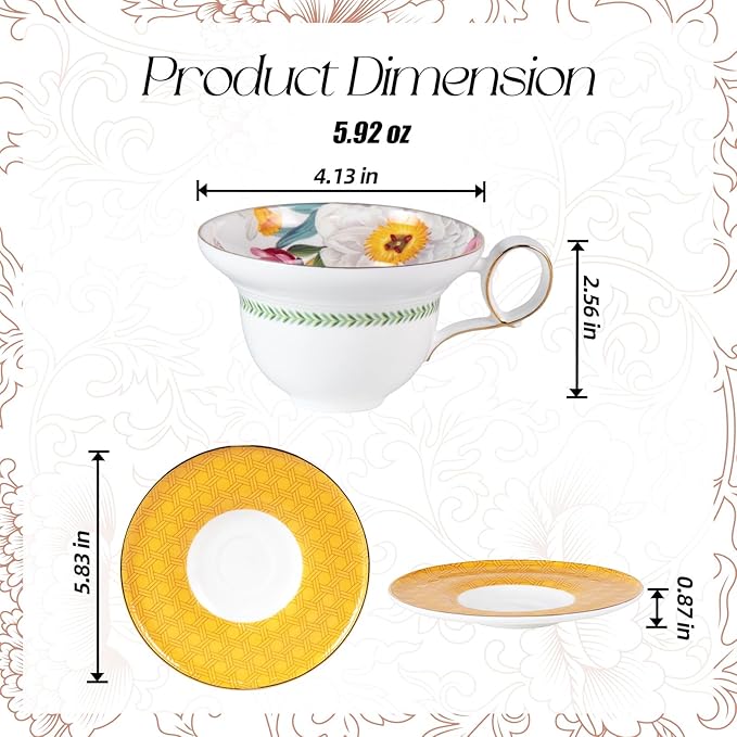 KAMMAK Ceramic Coffee Cups Saucers Set of 2, Porcelain Espresso Cups with Saucers, 5.92 oz Handmade Elegant Bone China Tea Cup, Ceramic Floral Pattern Demitasse for Latte, Americano, Cappuccino