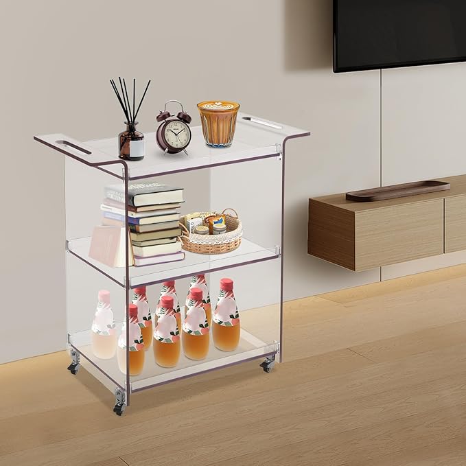 Rolling Serving Cart 3-Tier Small Bar Cart with Lockable Casters Storage Rolling Trolley 66lbs Capacity Mobile Kitchen Trolley for Home, Kitchen, Cafe (28 * 11.8 * 28.7in, Clear)