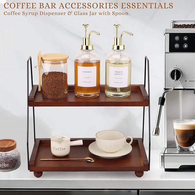 Coffee Bar Accessories, Coffee Syrup Dispenser-2 Pcs16.9 oz, Syrup Pump Dispenser for Coffee Bar, with Glass Bamboo Lid Jar with Spoon, Gold Pump Syrup Dispenser with Labels