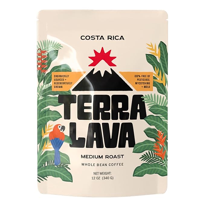 Terra Lava Whole Bean Coffee – Single-Origin Costa Rican Arabica, Lab-Tested for Purity, Mold-Free & Mycotoxin-Free, Low-Acid, Small-Batch Roasted – 12 oz (Medium Roast)
