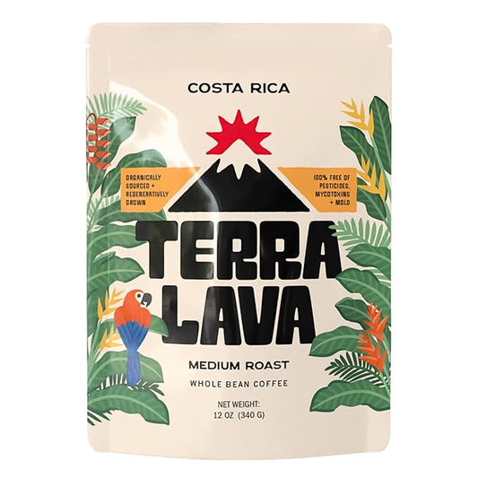 Terra Lava Whole Bean Coffee – Single-Origin Costa Rican Arabica, Lab-Tested for Purity, Mold-Free & Mycotoxin-Free, Low-Acid, Small-Batch Roasted – 12 oz (Medium Roast)
