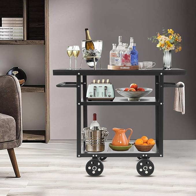 Rolling Bar Cart with Wheels, Industrial Mobile Serving Cart Kitchen Storage Cart 3-Tier with 2 Side Handle, Vintage Rustic Style, Heavy Duty & Sturdy, for Home Bar Cafe Restaurant Hostel