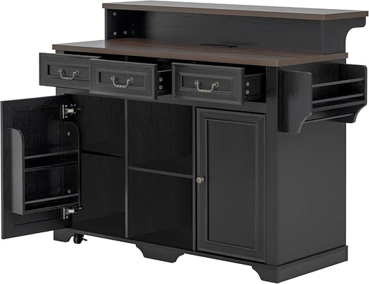 Rolling Kitchen Island with Two-Tier Bar Counter and Power Outlets, 3 Drawers & 4 Door Shelves, Mobile Kitchen Cart with Storage Cabinets & Locking Wheels for Dining Room & Kitchen, 53-Inch, Ash Black