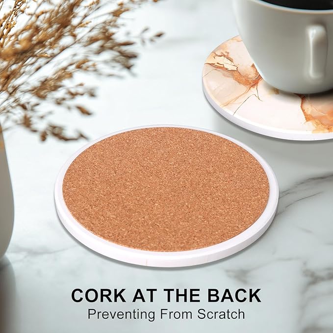 6 Pcs Gold Marble Abstract Ceramic Coasters with Holder Best Round Drink Absorbent Coaster for Desk, Lounge, Coffee Table, Wine, Beverage, Bar Coasters Set
